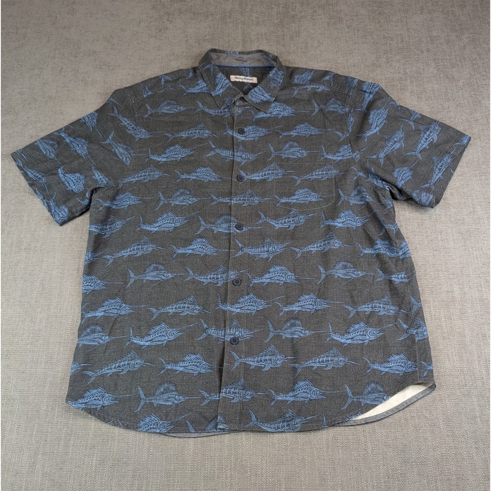Tommy Bahama Shirt Men XL Blue Silk Marlin Bar Fish AOP Print Artist Series Camp - Picture 2 of 8